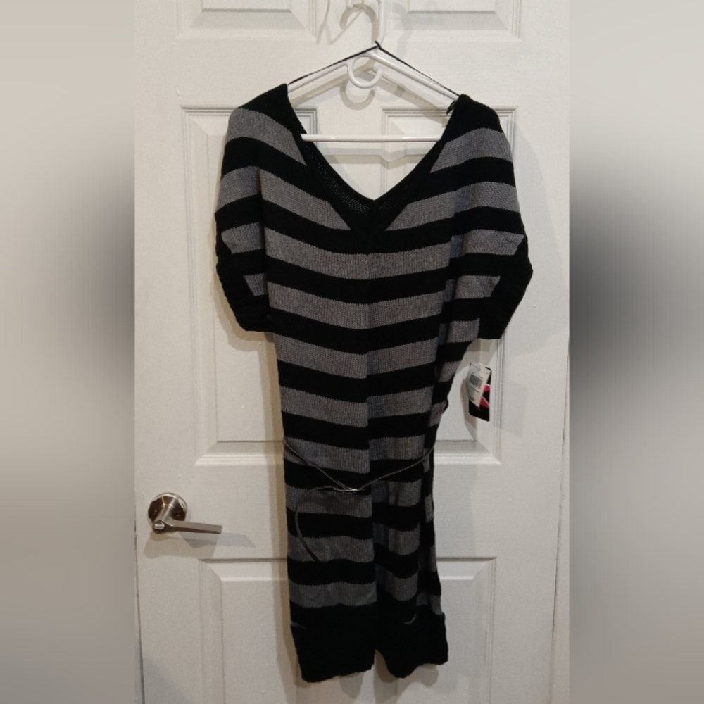 Extra Touch Black and Gray Striped Midi Dress